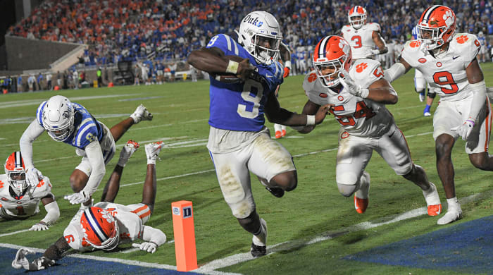 Duke running back Jaquez Moore scores a touchdown vs. Clemson.